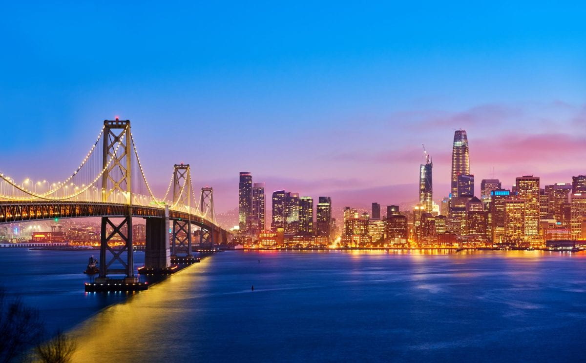 Side view of San Francisco skyline at sunset, California, USA